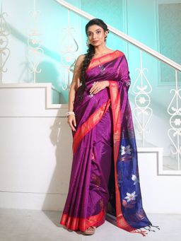 CHARUKRITI - Purple Silk Matka Saree with Motifs and Contrast Pallu with Unstitched Blouse