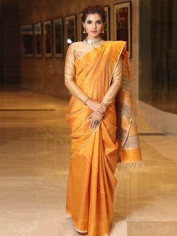 Beatitude - Orange Handwoven Dupion Raw Silk Saree Beige Pallu with Unstitched Blouse