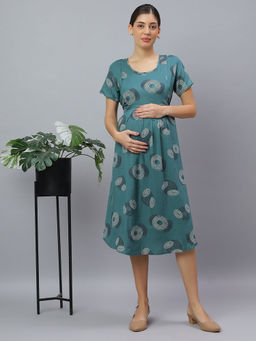 Mamma's Maternity - Green Cotton Printed Maternity-Feeding Short Night Dress