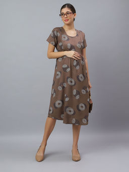 Mamma's Maternity - Brown Cotton Printed Maternity-Feeding Short Night Dress