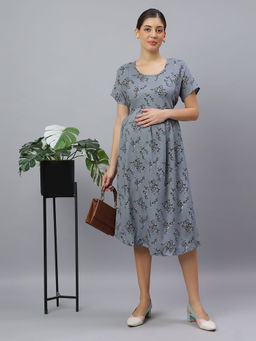 Mamma's Maternity - Grey Cotton Floral Printed Maternity-Feeding Short Night Dress