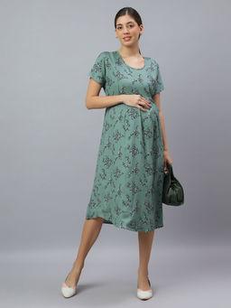 Mamma's Maternity - Sage Green Cotton Floral Maternity-Feeding Short Night Dress