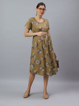 Mamma's Maternity - Khaki Cotton Printed Maternity-Feeding Short Night Dress