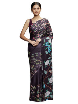 Navyasa By Liva - Beige Liva Satin Floral Print Saree With Unstitched Blouse