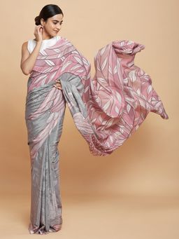 Navyasa By Liva - Beige Liva Crepe Floral Print Saree With Unstitched Blouse