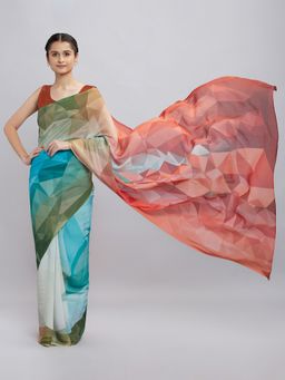 Navyasa By Liva - Green Liva Georgette Geometric Print Saree With Unstitched Blouse