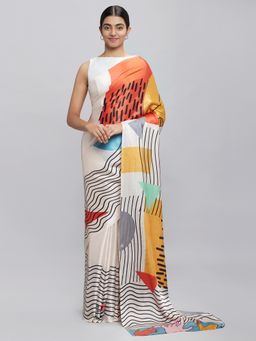 Navyasa By Liva - Cream Liva Satin Geometric Print Saree With Unstitched Blouse