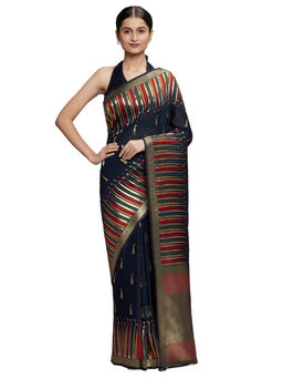 Navyasa By Liva - Navy Blue Liva Jacquard Print Saree With Unstitched Blouse