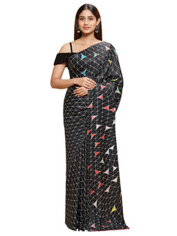 Navyasa By Liva - Black Liva Satin Geometric Print Saree With Unstitched Blouse
