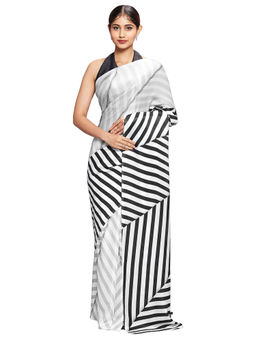 Navyasa By Liva - Grey Liva Satin Stripes Print Saree With Unstitched Blouse