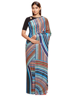 Navyasa By Liva - Multi-Color Liva Satin Stripes Print Saree With Unstitched Blouse