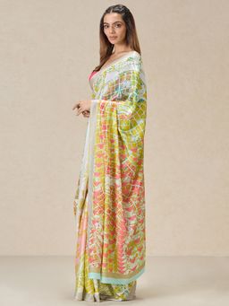 Navyasa By Liva - Green Liva Satin Printed Saree With Unstitched Blouse