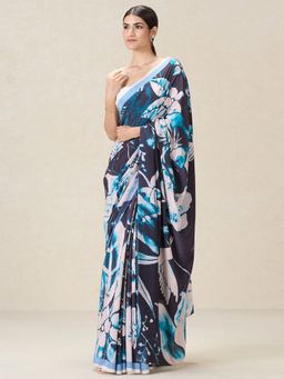 Navyasa By Liva - Navy Blue Liva Crepe Floral Print Saree With Unstitched Blouse