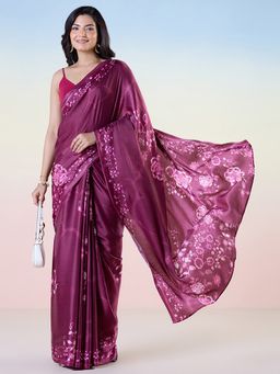 Navyasa By Liva - Wine Liva Satin Lite Floral Print Saree With Unstitched Blouse