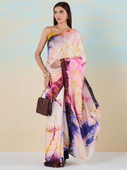 Navyasa By Liva - Beige Liva Satin Lite Printed Saree With Unstitched Blouse