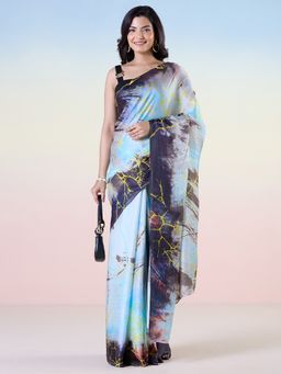 Navyasa By Liva - Grey Liva Satin Lite Printed Saree With Unstitched Blouse