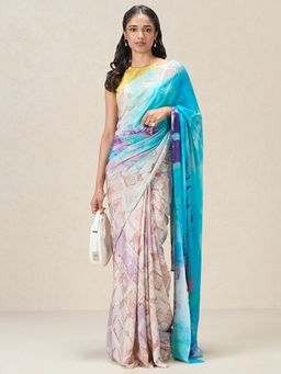 Navyasa By Liva - Blue Liva Crepe Printed Saree With Unstitched Blouse