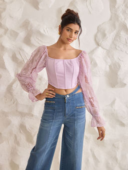 Lea Clothing - Sasha Lavender Embroidered Organza Sleeve Corset Top