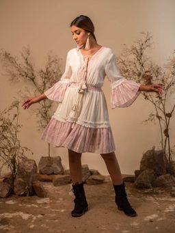 LABEL REYYA - Off White & Pink V Neck Dress