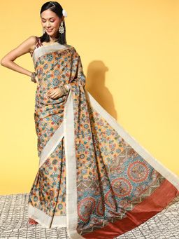 Odette - Manipuri Silk Mustard Printed Designer Saree with Unstitched Blouse