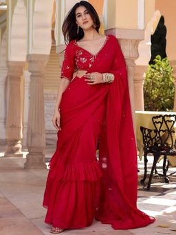 Lavanya The Label - Pink Pre Draped Saree with Stitched Blouse