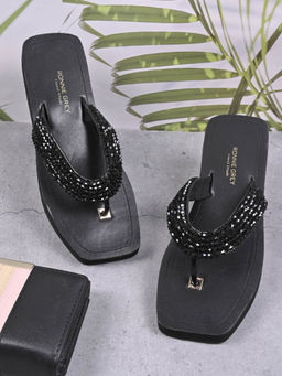 Ronnie Grey - Women Black Embellished T-Strap Sandals