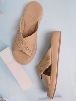 Ronnie Grey - Women Beige Perforated Cross Strap Sandals
