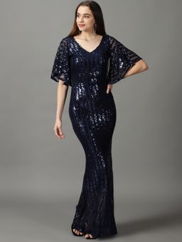 SHOWOFF - Womens Embellished V-Neck Navy Blue Maxi Dress