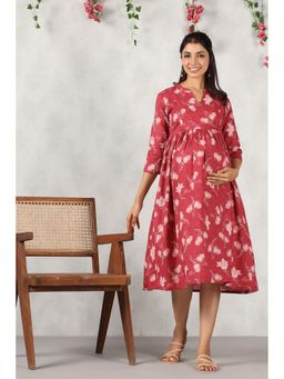CRAFIQA - Maroon Antique Ruby Floral Printed Cotton Maternity - Nursing Dress