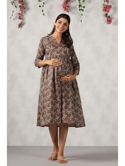 CRAFIQA - Brown Basil Leaf Printed Cotton Maternity - Nursing Dress