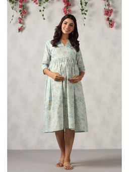 CRAFIQA - Blue Iceberg Floral Printed Cotton Maternity - Nursing Dress