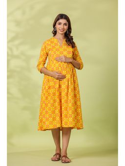 CRAFIQA - Titanium Mustard Printed Cotton Maternity - Nursing Dress