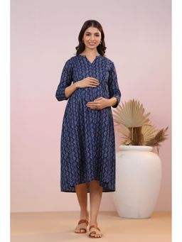 CRAFIQA - Prussian Navy Blue Cotton Maternity - Nursing Dress