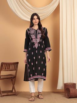 CLUB LOOM - Black Women Embroidery Chikankari Muslin Kurta