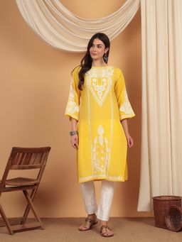 CLUB LOOM - Yellow Women Embroidery Chikankari Muslin Kurta