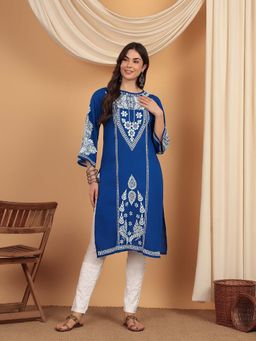 CLUB LOOM - Blue Women Embroidery Chikankari Muslin Kurta