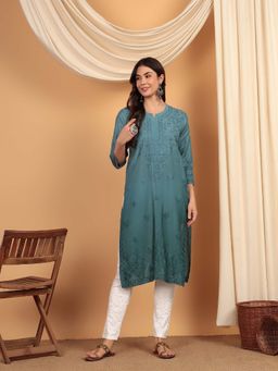 CLUB LOOM - Teal Women Embroidery Chikankari Muslin Kurta