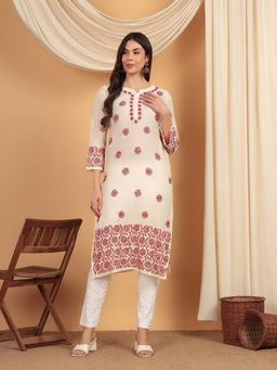 CLUB LOOM - Cream Women Embroidery Chikankari Muslin Kurta