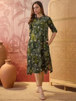 Four Steps - Green Foil Printed Rayon Aline Kurta