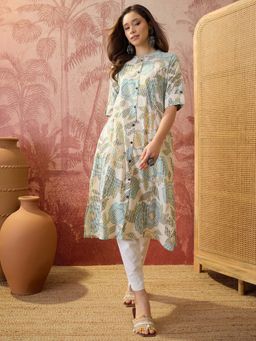 Four Steps - Blue Printed Pure Cotton Aline Kurta