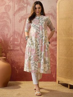Four Steps - Pink Printed Pure Cotton Aline Kurta