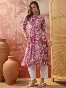 Four Steps - Pink Printed Pure Cotton Aline Kurta
