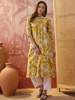 Four Steps - Mustard Floral Printed Pure Cotton Aline Kurta
