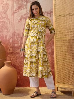Four Steps - Mustard Printed Pure Cotton Aline Kurta