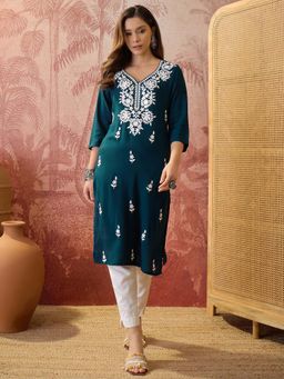 Four Steps - Teal Embroidered Straight Kurta