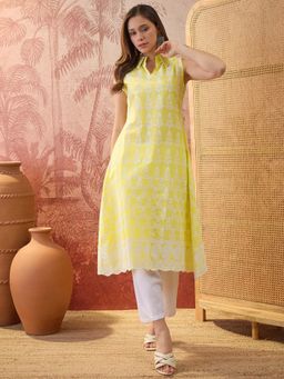 Four Steps - Yellow Pure Cotton Chikankari Embroidered Kurta