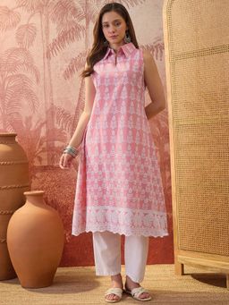 Four Steps - Pink Pure Cotton Chikankari Embroidered Kurta
