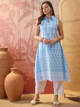Four Steps - Blue Pure Cotton Chikankari Embroidered Kurta