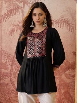 Four Steps - Black Embroidered Short Kurti