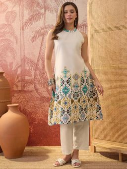 Four Steps - Cream Pure Cotton Printed Round Neck Kurta